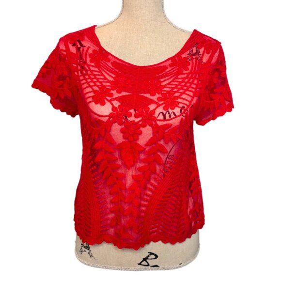 Express Embroidered Floral Sheer Lace Short Sleeve Top Red Size XS - Picture 1 of 9